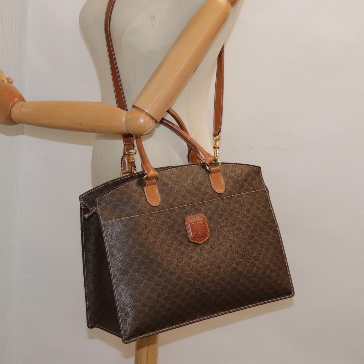 CELINE Macadam Canvas Hand Bag PVC Leather 2way Brown Gold Auth 85778