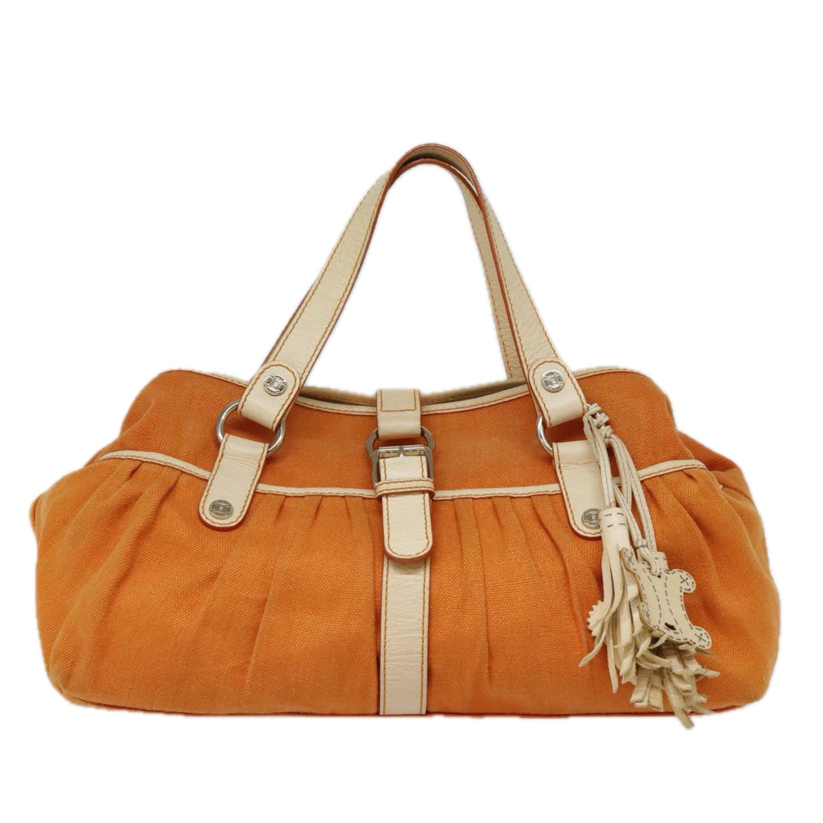 CELINE Hand Bag Canvas Orange Gold Auth 85784