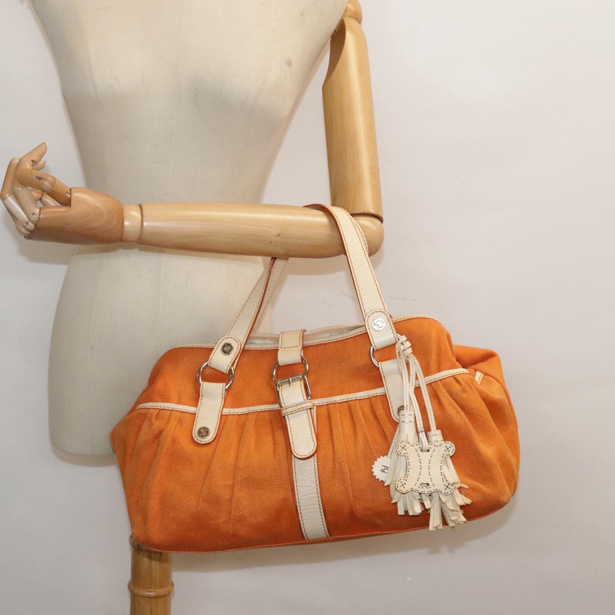 CELINE Hand Bag Canvas Orange Gold Auth 85784