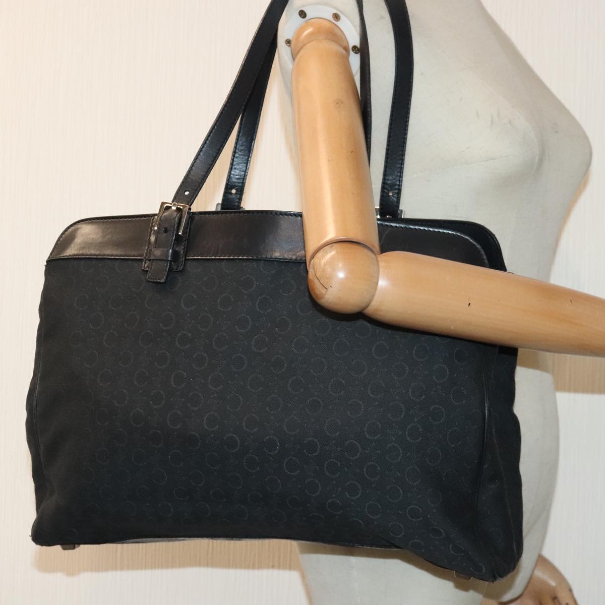 CELINE C Macadam Canvas Tote Bag Black Silver Auth 85788