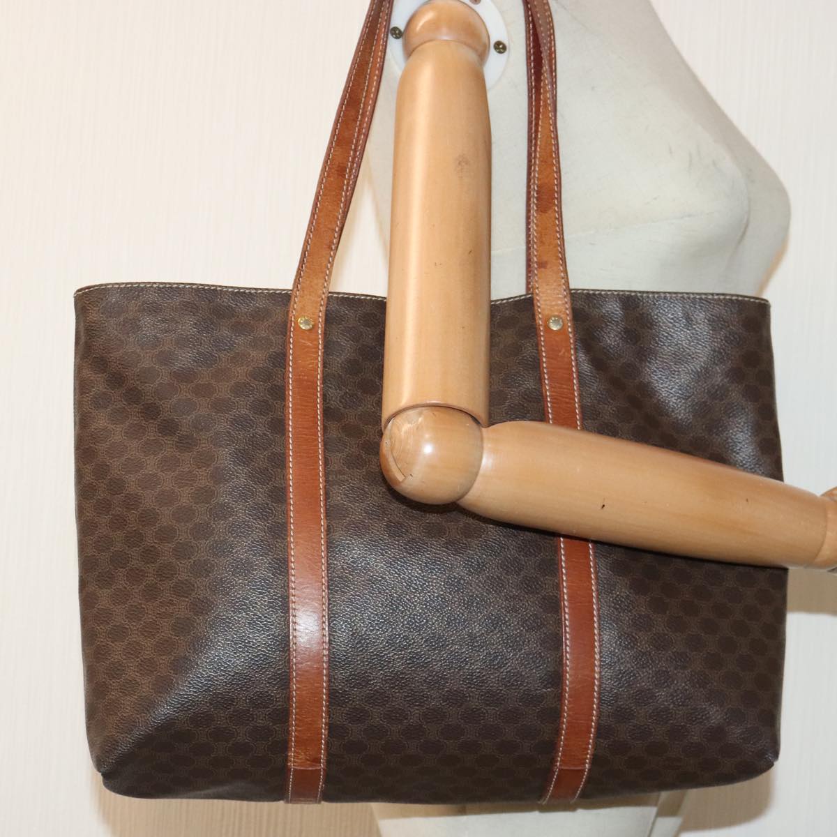 CELINE Macadam Canvas Tote Bag PVC Leather Brown Gold Auth 85794