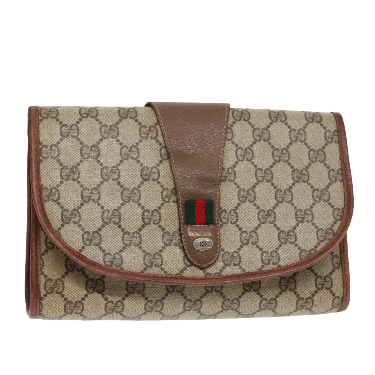 GUCCI GG Supreme Web Sherry Line Clutch Bag PVC Beige Red 89 01 030 Auth 85799