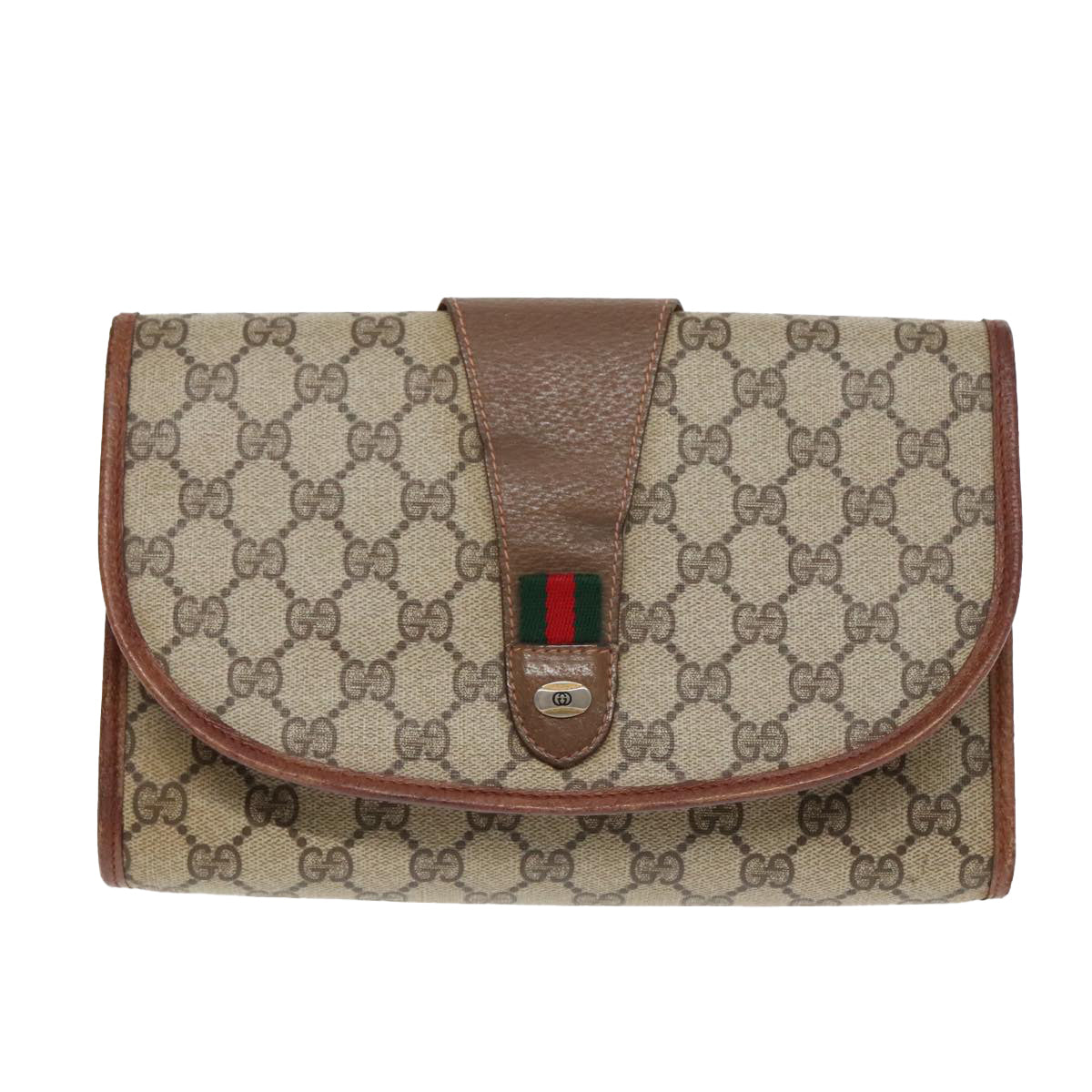 GUCCI GG Supreme Web Sherry Line Clutch Bag PVC Beige Red 89 01 030 Auth 85799