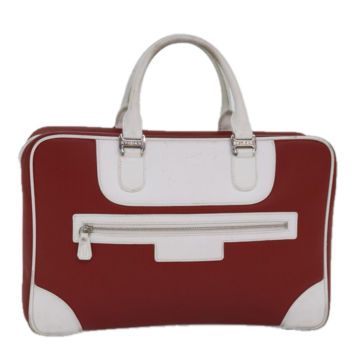 BVLGARI Hand Bag Leather Red White Silver Auth 85837