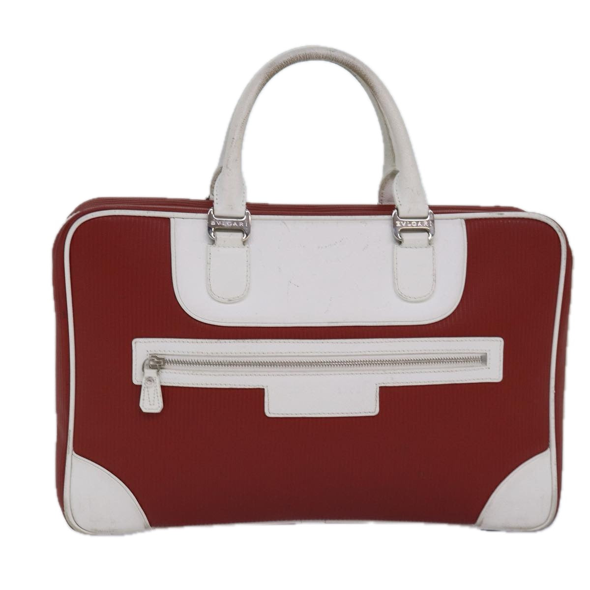 BVLGARI Hand Bag Leather Red White Silver Auth 85837