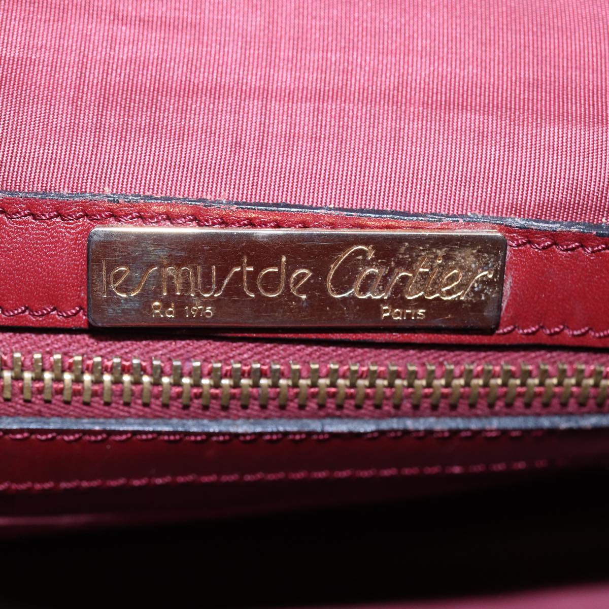 CARTIER Hand Bag Leather Red Gold Auth 85838