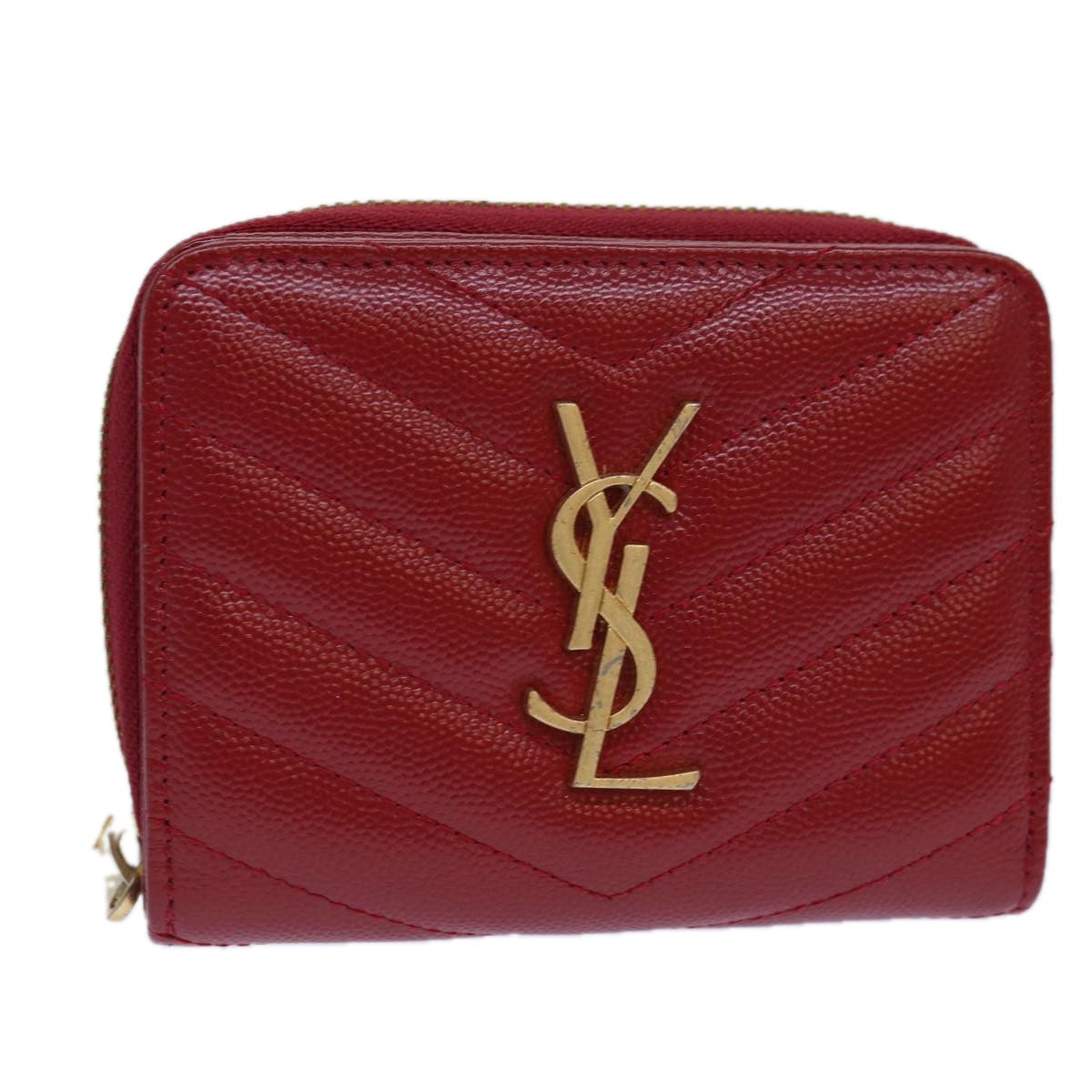 SAINT LAURENT Compact Wallet Leather Red Gold BOW01 Auth 85840