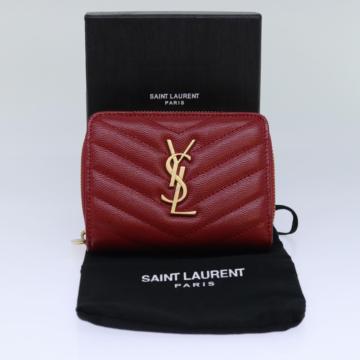 SAINT LAURENT Compact Wallet Leather Red Gold BOW01 Auth 85840