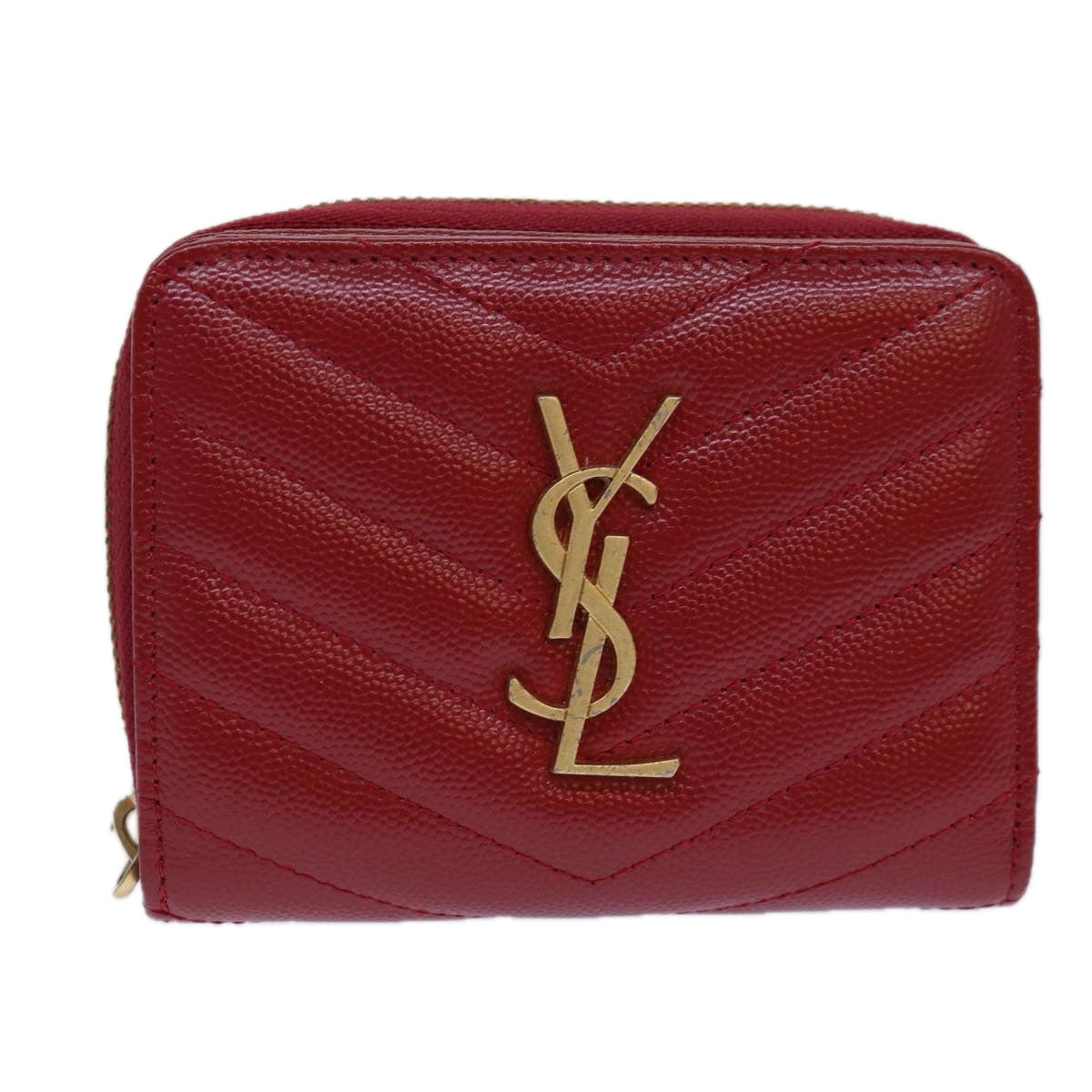 SAINT LAURENT Compact Wallet Leather Red Gold BOW01 Auth 85840