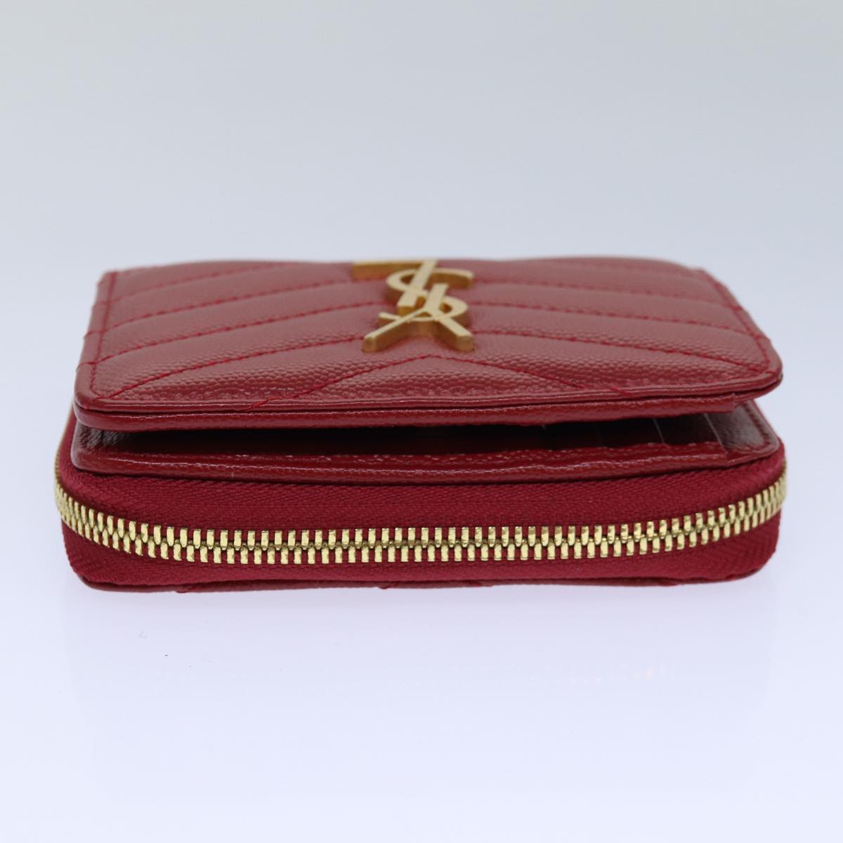 SAINT LAURENT Compact Wallet Leather Red Gold BOW01 Auth 85840