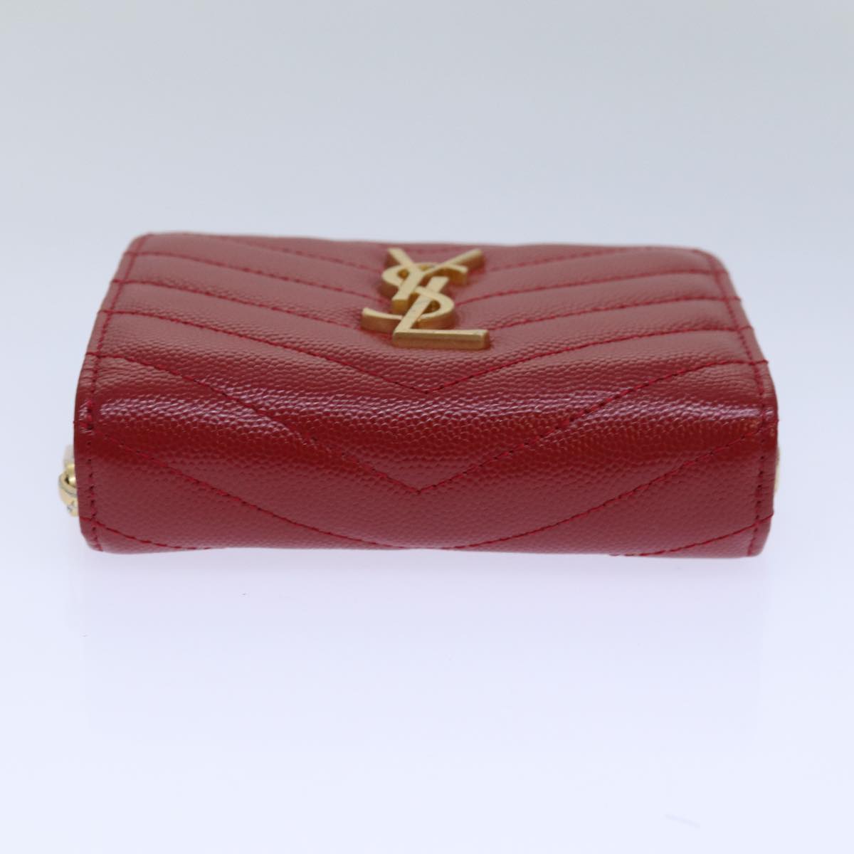 SAINT LAURENT Compact Wallet Leather Red Gold BOW01 Auth 85840