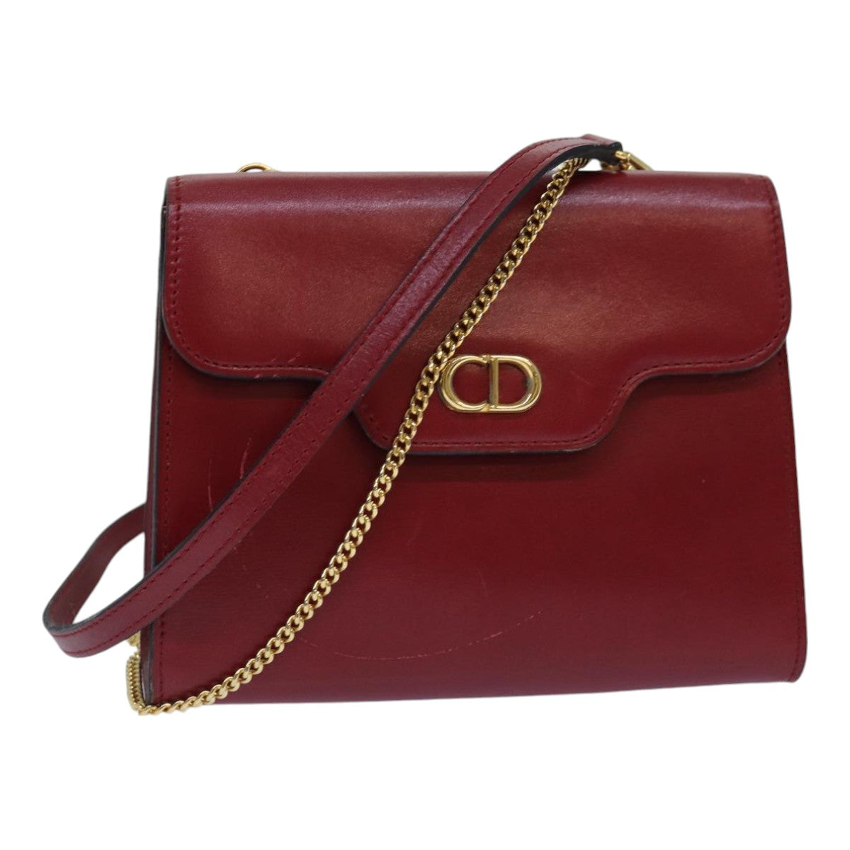 Christian Dior Chain Shoulder Bag Leather Red Gold Auth 85850