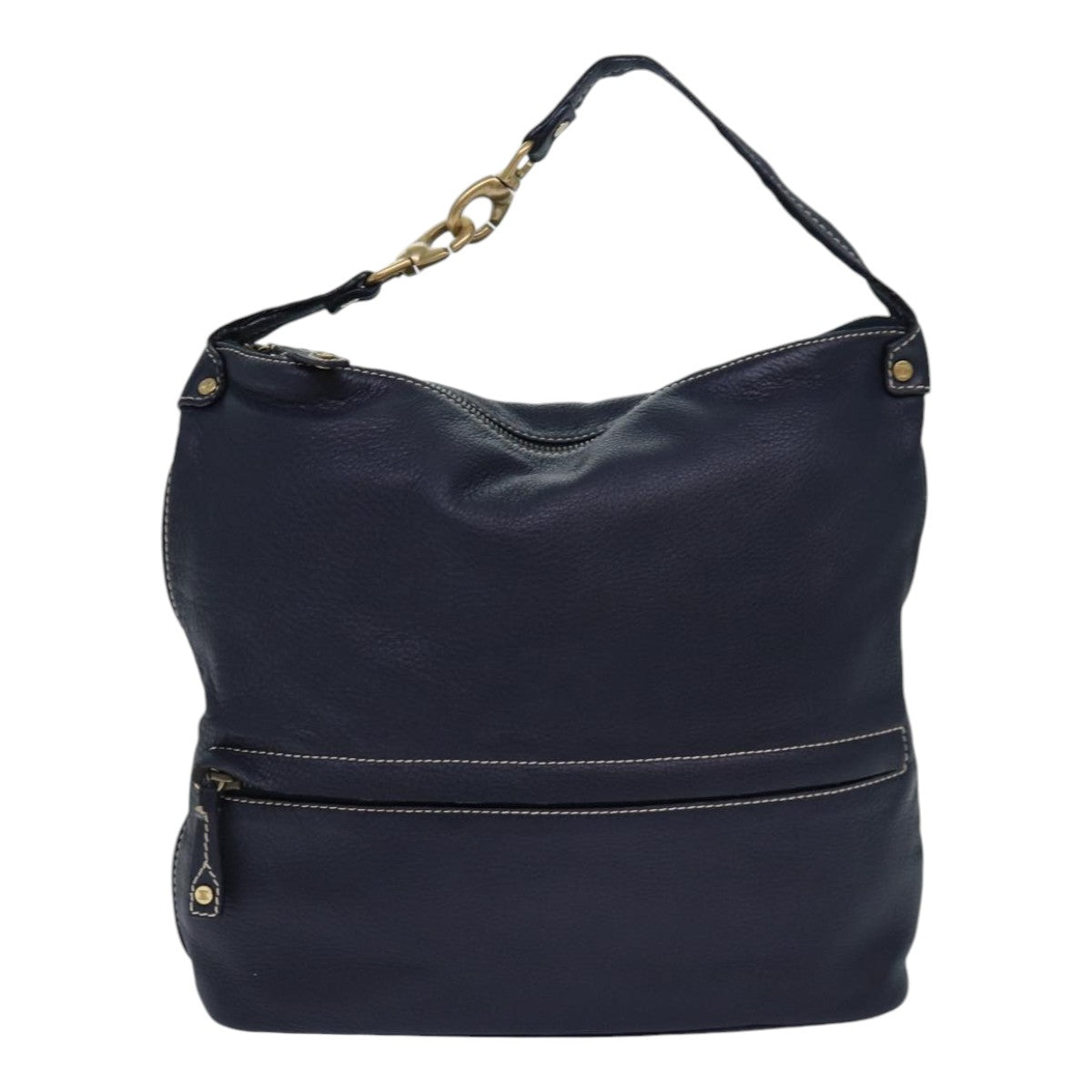 CELINE Shoulder Bag Leather Navy Gold Auth 85861