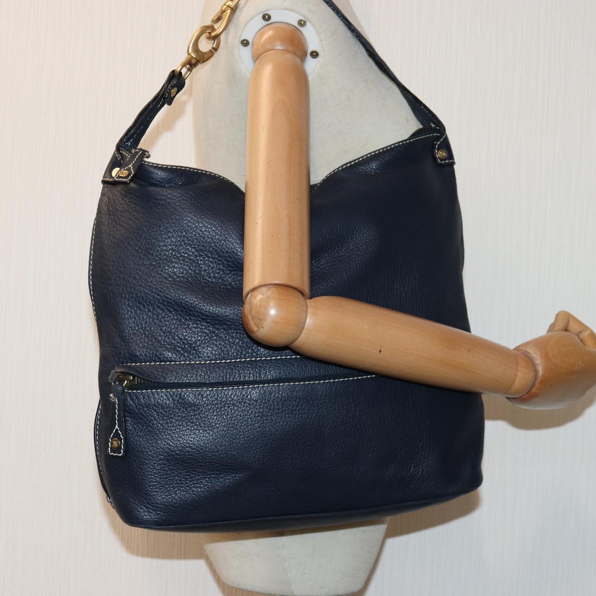 CELINE Shoulder Bag Leather Navy Gold Auth 85861