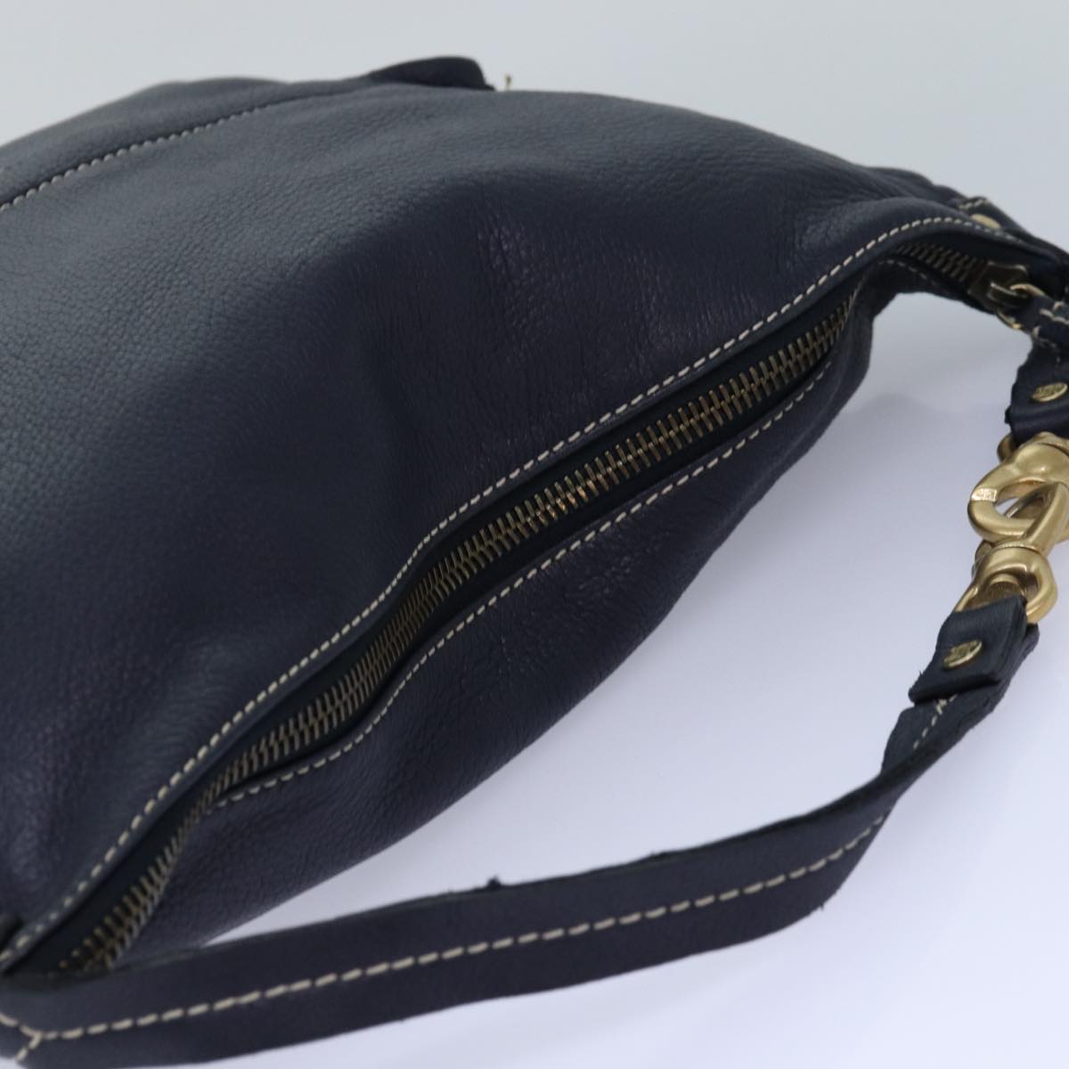 CELINE Shoulder Bag Leather Navy Gold Auth 85861