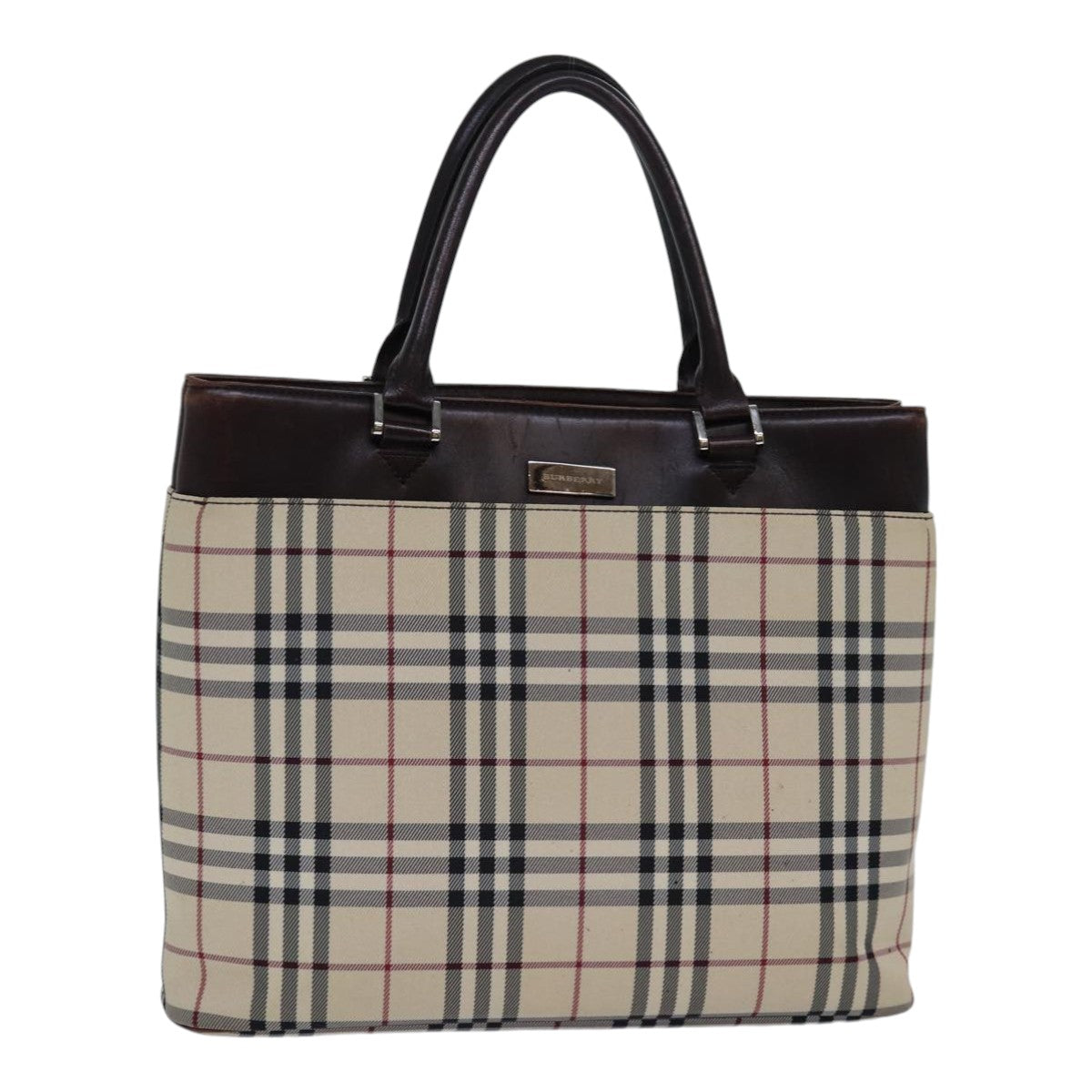 BURBERRY Nova Check Hand Bag Nylon Beige Silver Auth 85862