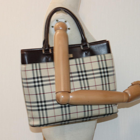 BURBERRY Nova Check Handtasche Nylon Beige Silber Auth 85862