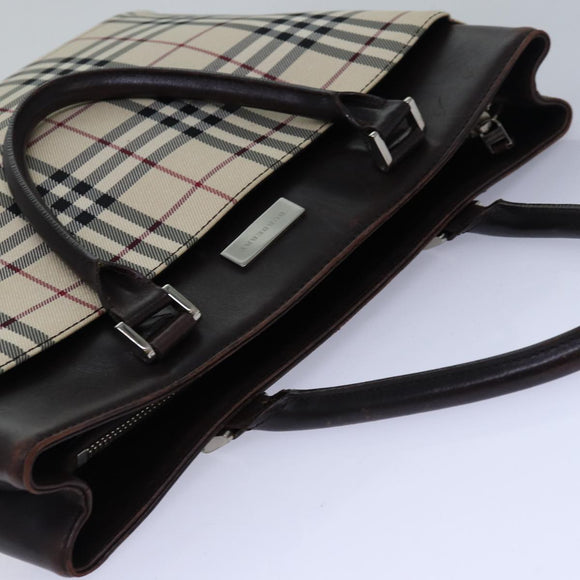 BURBERRY Nova Check Handtasche Nylon Beige Silber Auth 85862