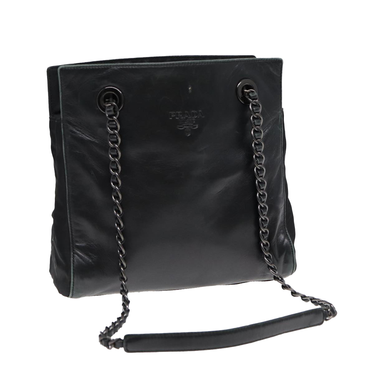 PRADA Chain Shoulder Bag Leather Black Silver Auth 85863