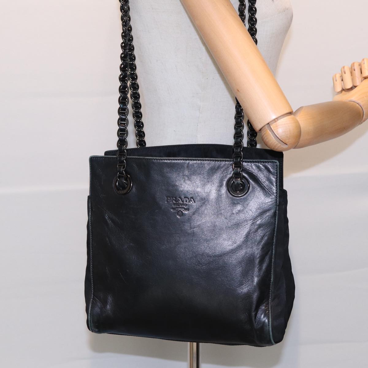 PRADA Chain Shoulder Bag Leather Black Silver Auth 85863