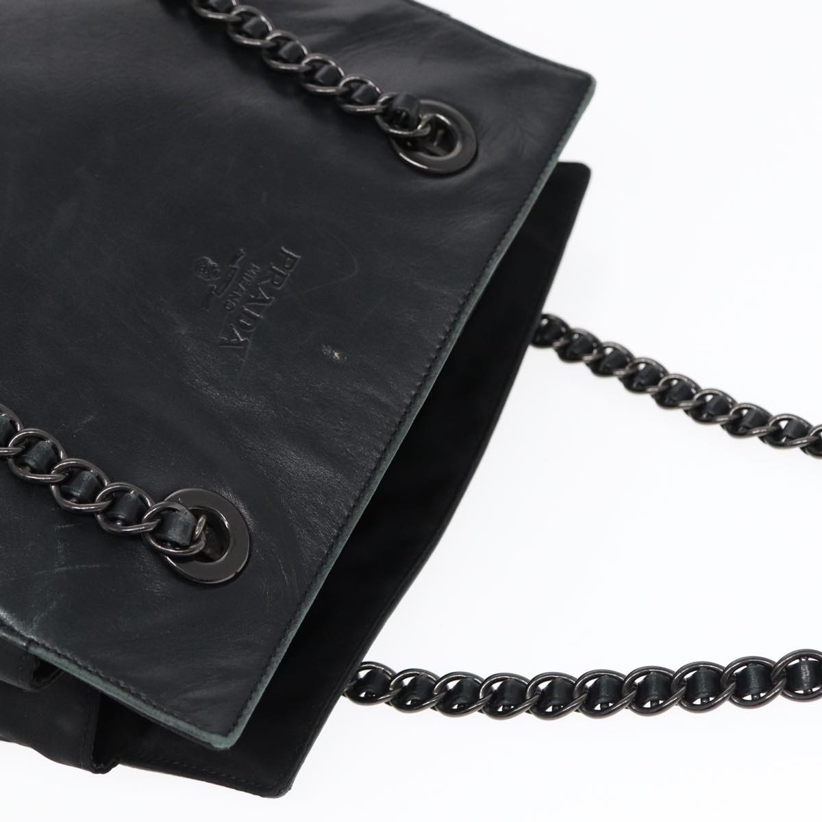 PRADA Chain Shoulder Bag Leather Black Silver Auth 85863