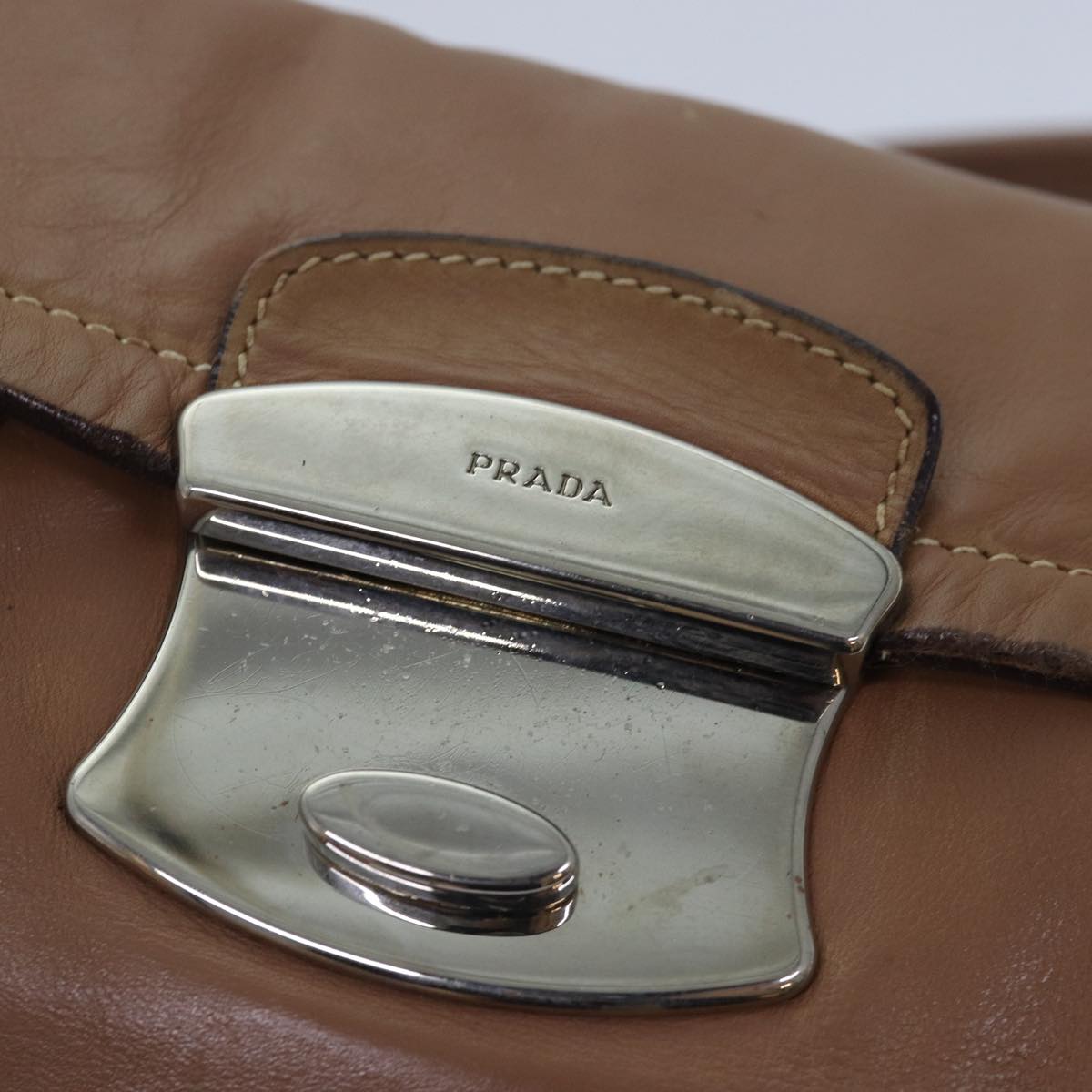 PRADA Shoulder Bag Leather Brown Silver Auth 85872