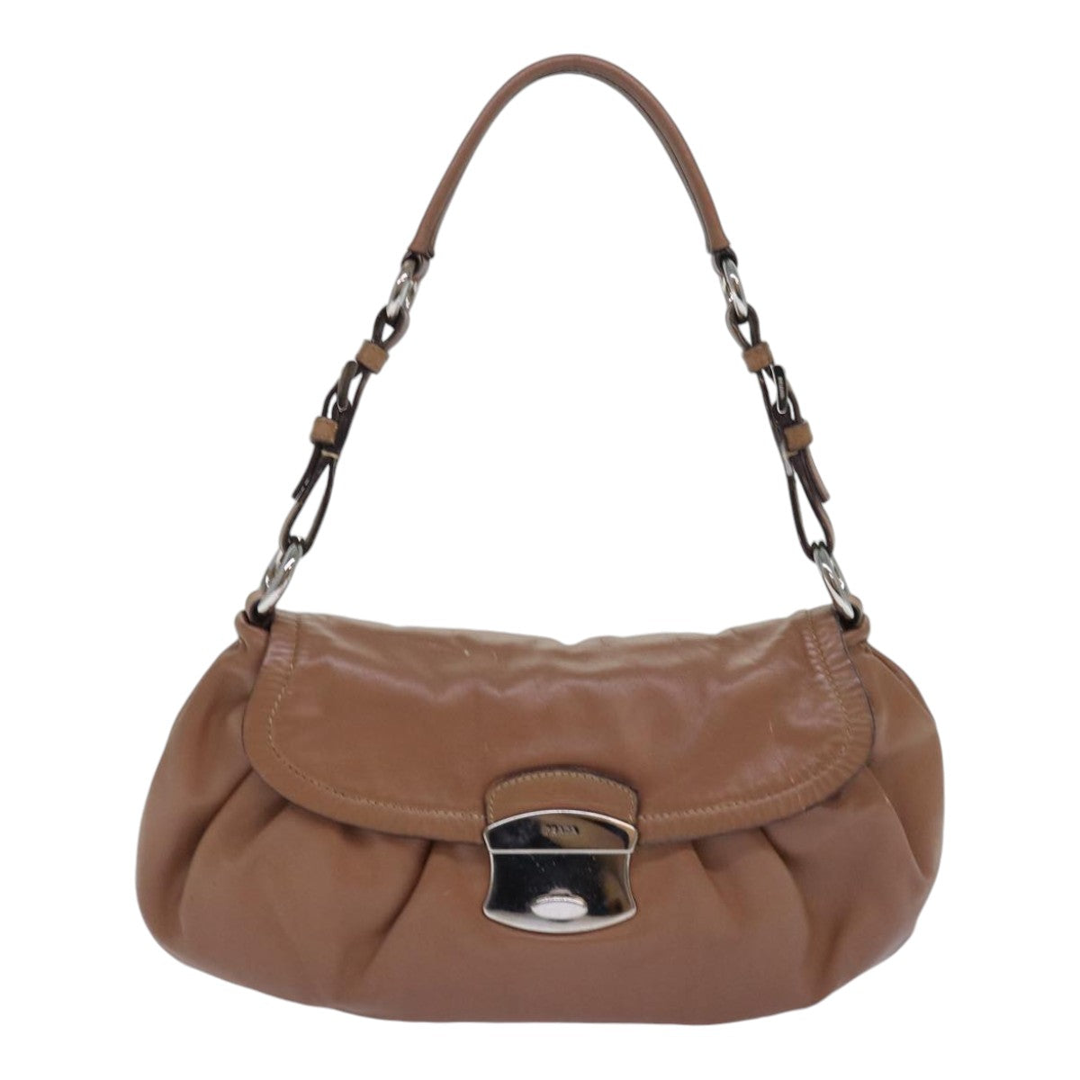 PRADA Shoulder Bag Leather Brown Silver Auth 85872