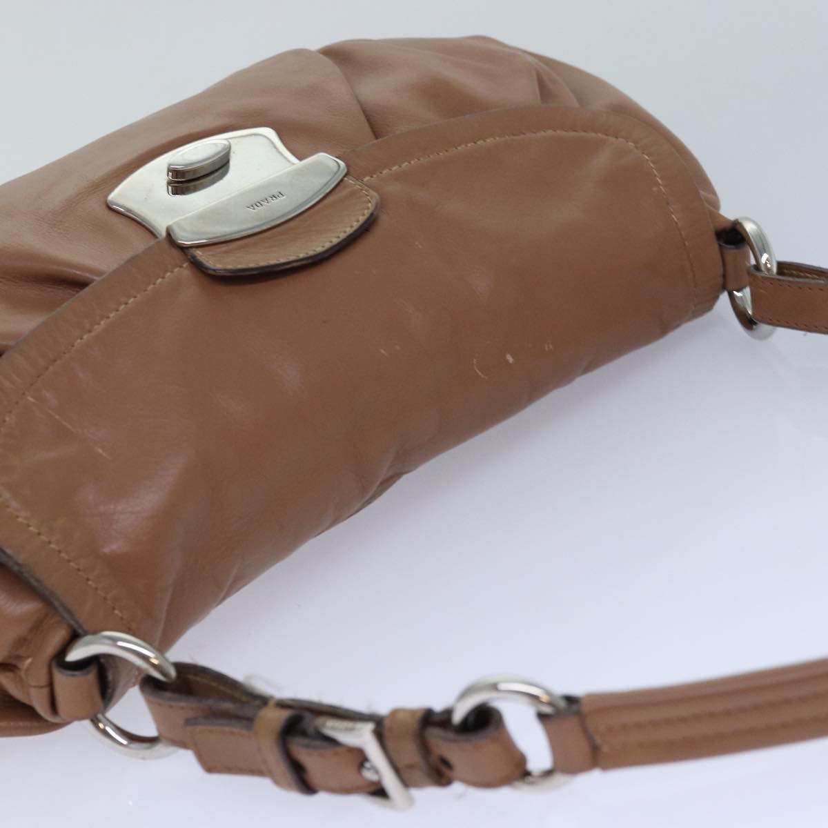 PRADA Shoulder Bag Leather Brown Silver Auth 85872