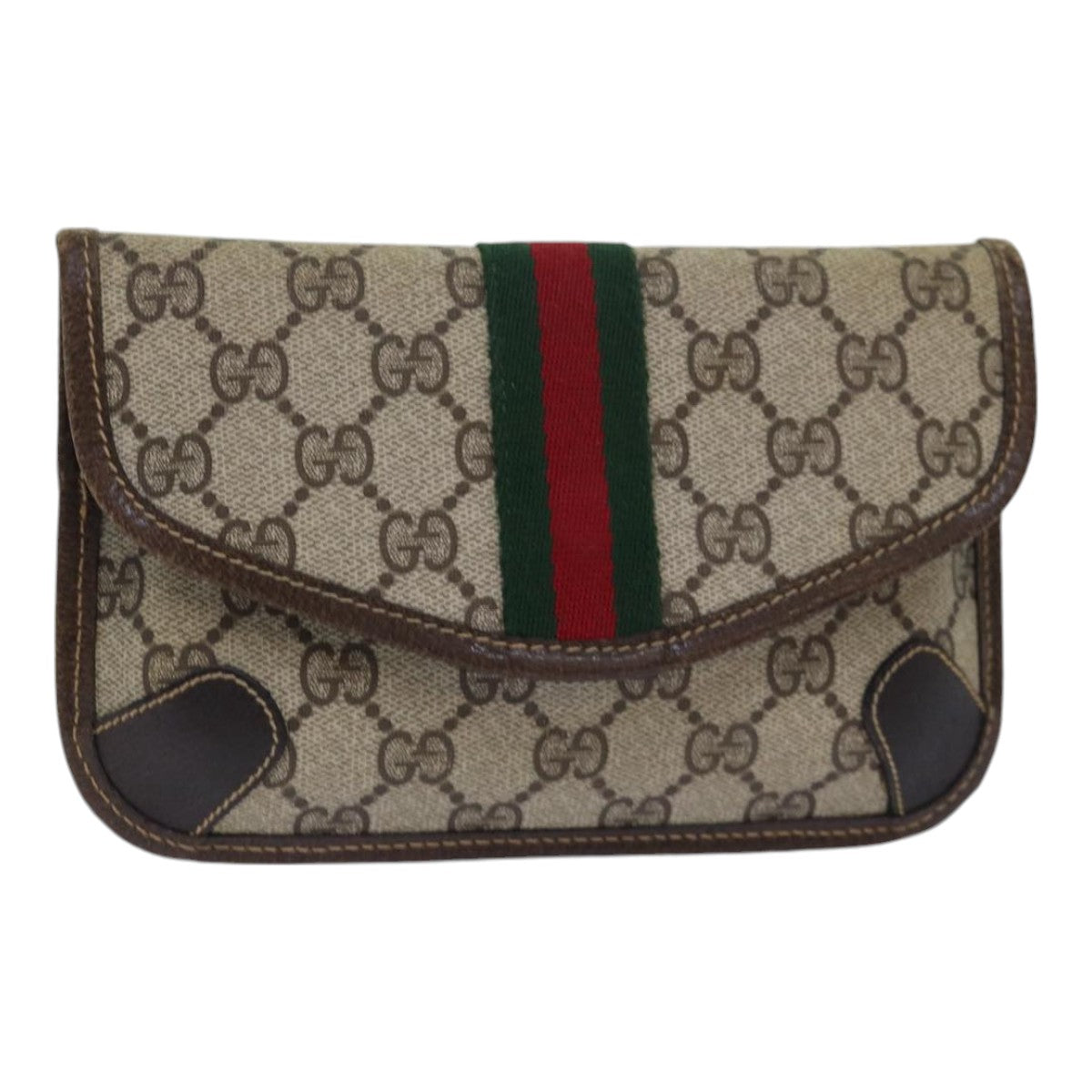 GUCCI GG Supreme Web Sherry Line Pouch PVC Leather Beige Red Green Auth 85886