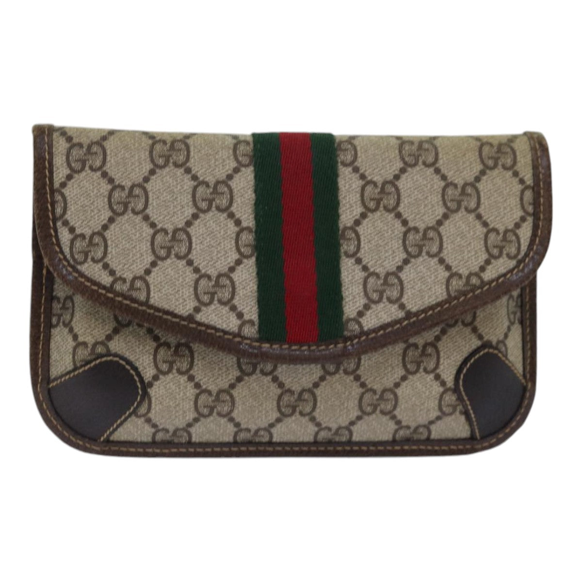 GUCCI GG Supreme Web Sherry Line Pouch PVC Leather Beige Red Green Auth 85886