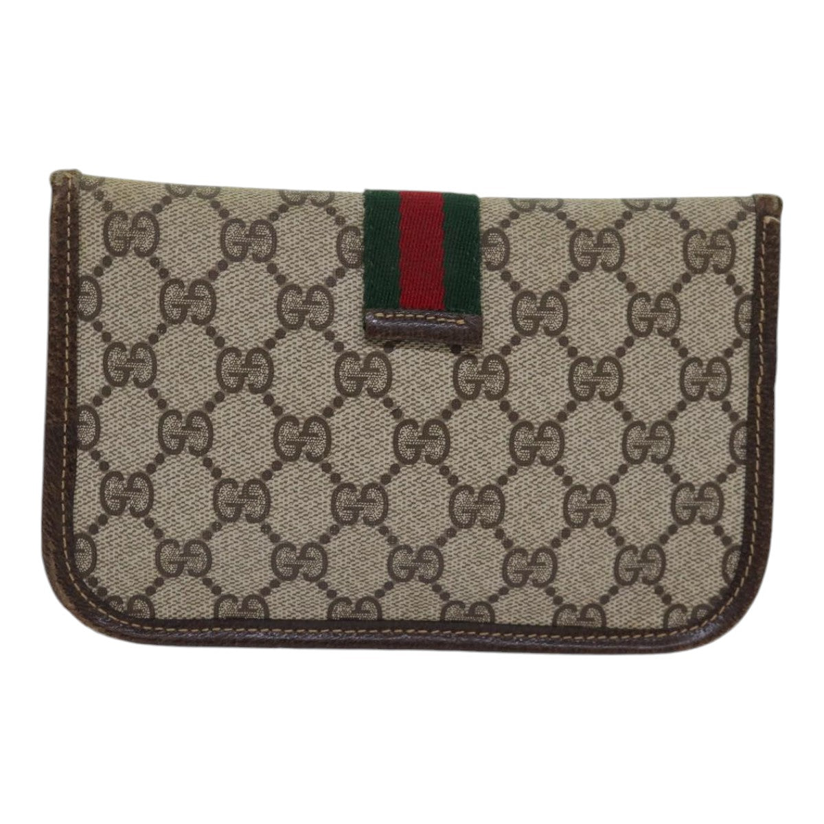 GUCCI GG Supreme Web Sherry Line Pouch PVC Leather Beige Red Green Auth 85886