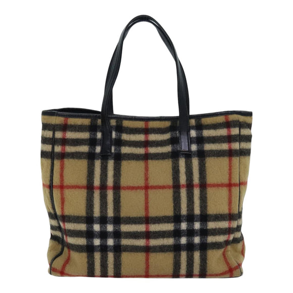 BURBERRY Nova Check Blue Label Shoulder Bag Wool Beige Silver Auth 85897