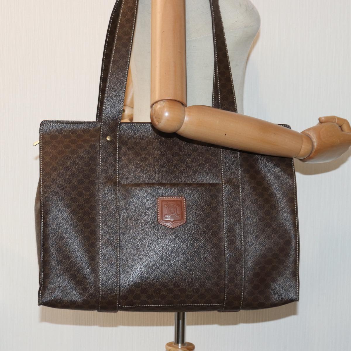 CELINE Macadam Canvas Shoulder Bag PVC Leather Brown Gold Auth 85902