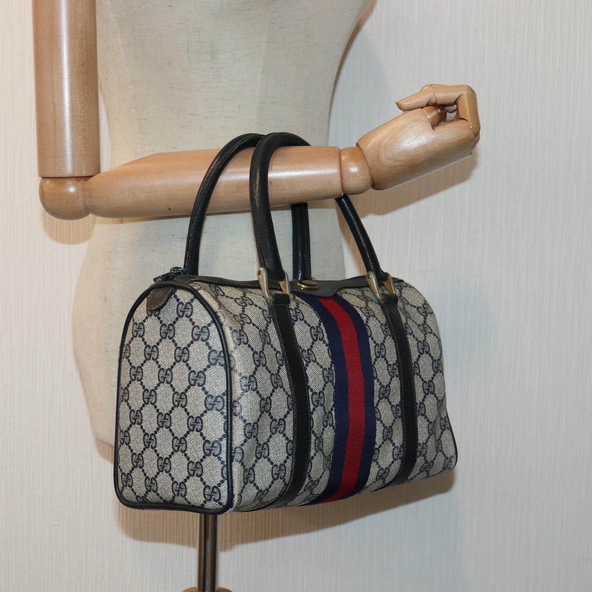 GUCCI GG Supreme Sherry Line Hand Bag PVC Navy Red 39 02 006 Auth 85906