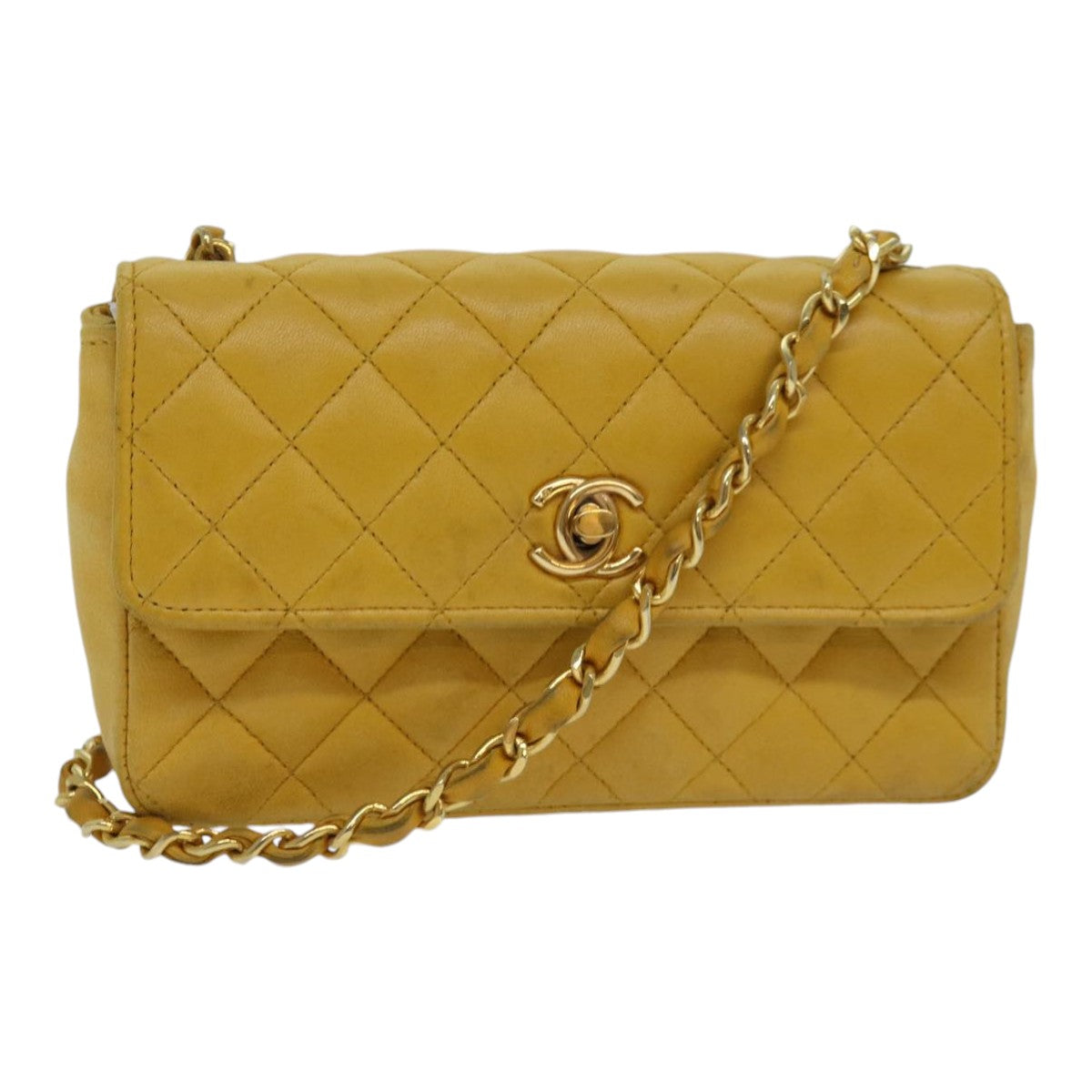 CHANEL Mini Matelasse Chain Shoulder Bag Lamb Skin Yellow Gold CC Auth 85920