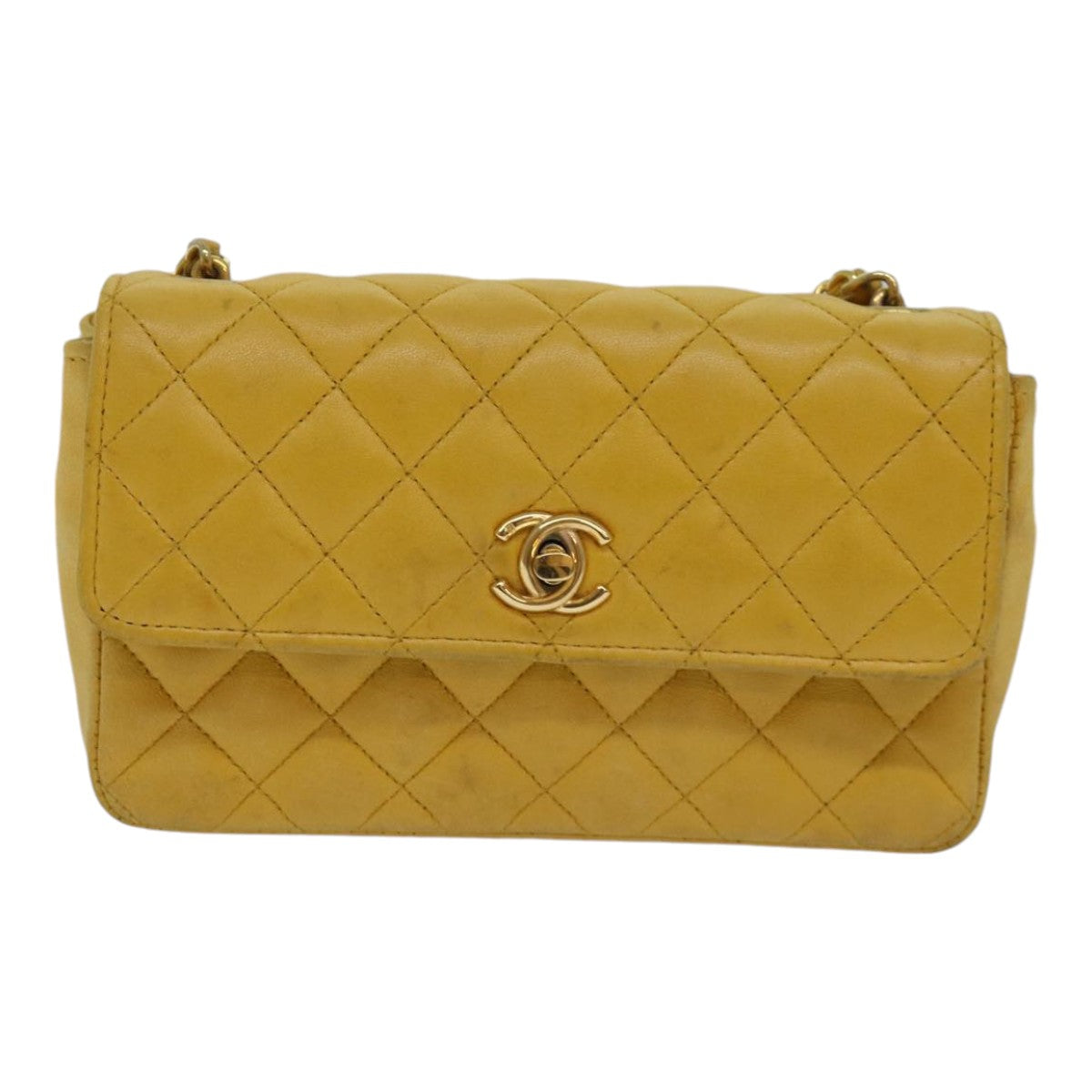 CHANEL Mini Matelasse Chain Shoulder Bag Lamb Skin Yellow Gold CC Auth 85920