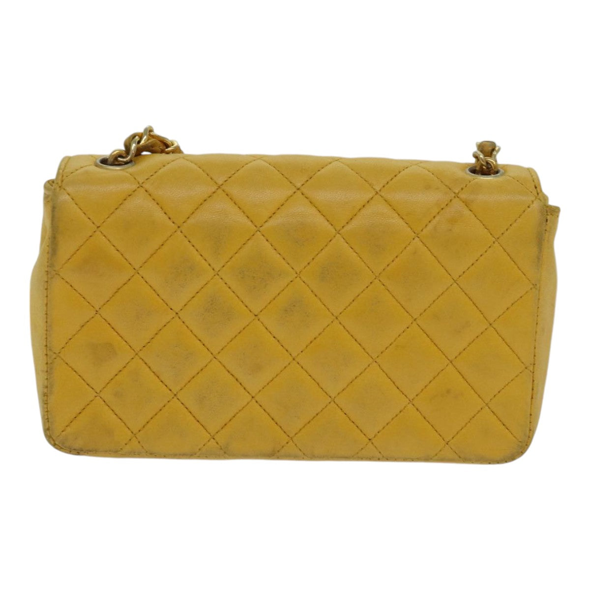 CHANEL Mini Matelasse Chain Shoulder Bag Lamb Skin Yellow Gold CC Auth 85920