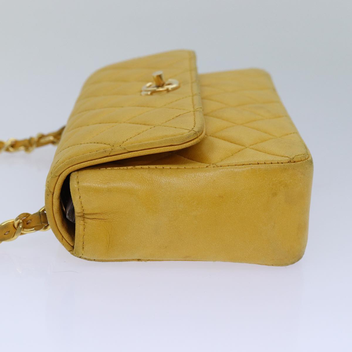 CHANEL Mini Matelasse Chain Shoulder Bag Lamb Skin Yellow Gold CC Auth 85920