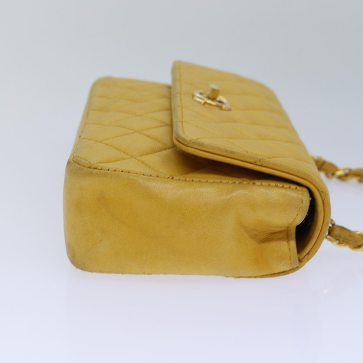 CHANEL Mini Matelasse Chain Shoulder Bag Lamb Skin Yellow Gold CC Auth 85920