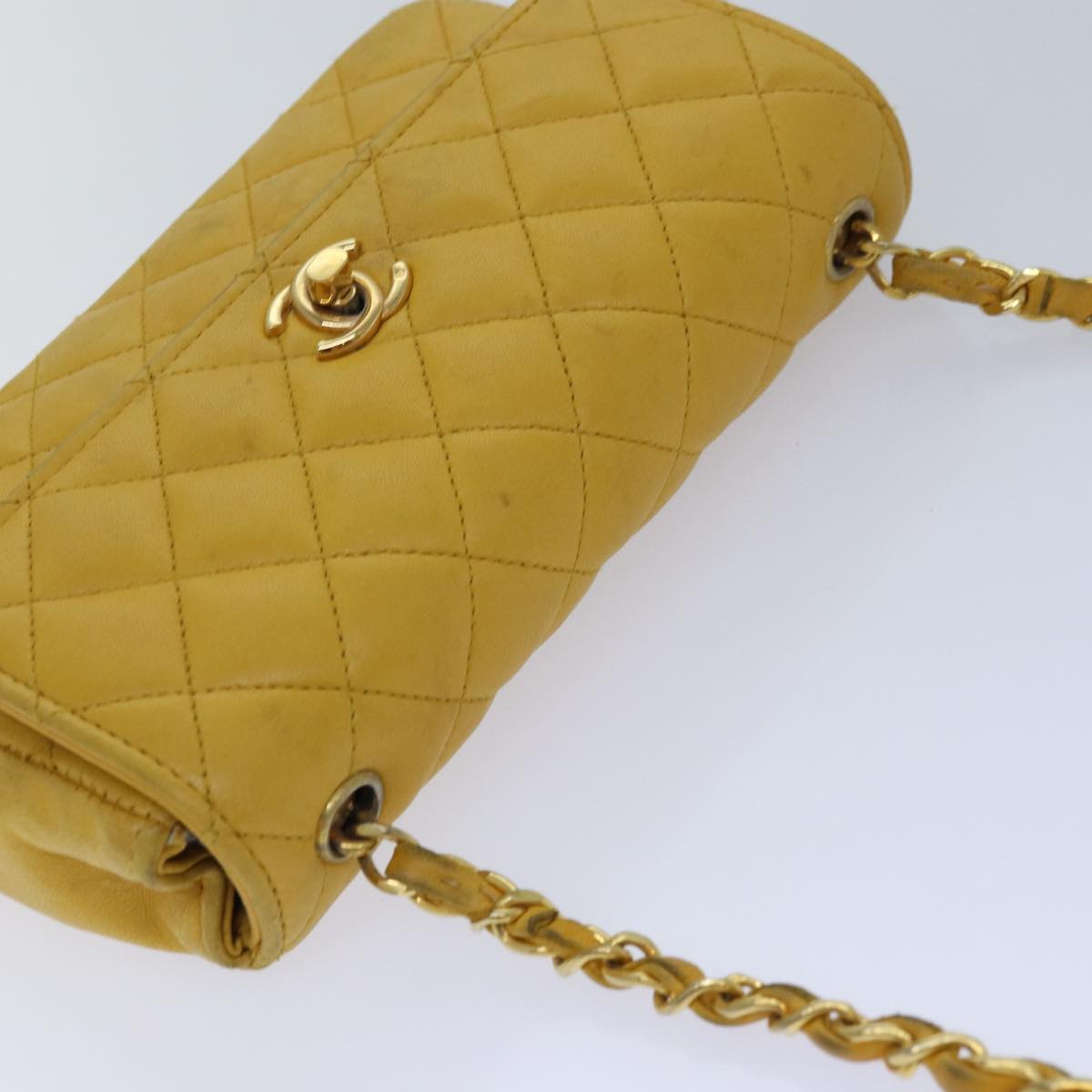 CHANEL Mini Matelasse Chain Shoulder Bag Lamb Skin Yellow Gold CC Auth 85920