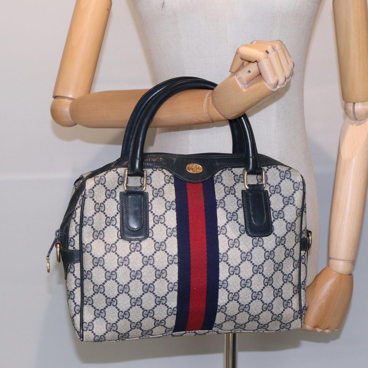 GUCCI GG Supreme Sherry Line Hand Bag PVC Navy Red Auth 85974