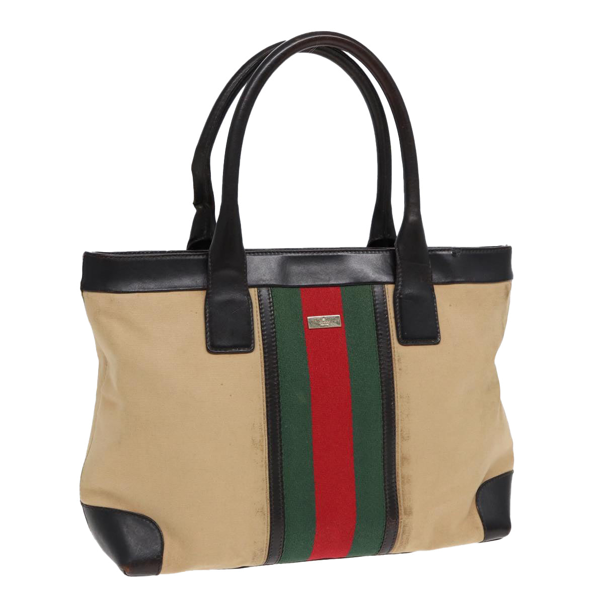 GUCCI Web Sherry Line Hand Bag Canvas Beige Gold Red 002 1119 Auth 85986