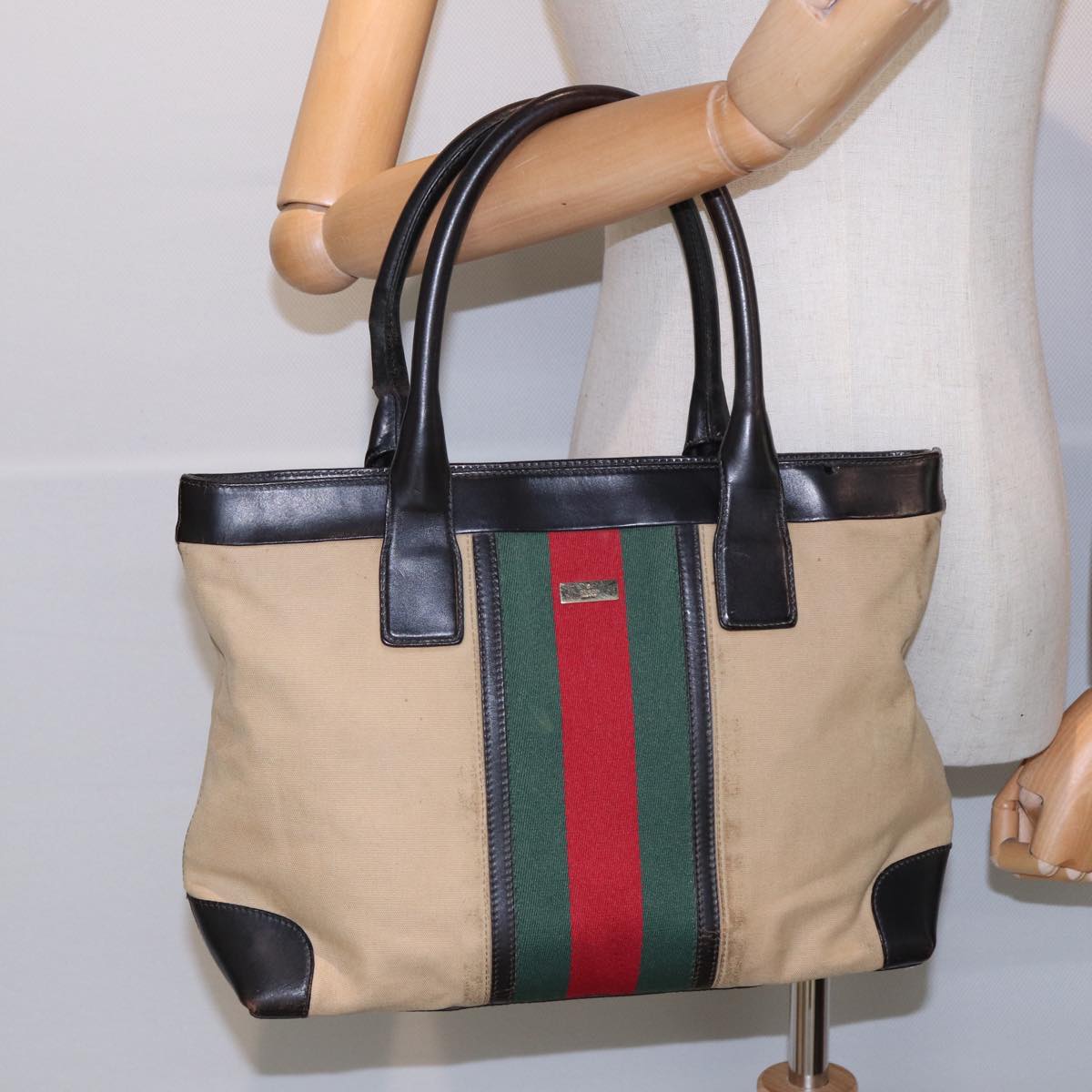 GUCCI Web Sherry Line Hand Bag Canvas Beige Gold Red 002 1119 Auth 85986