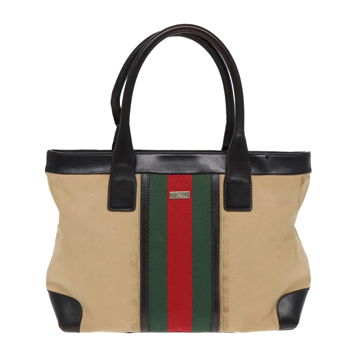 GUCCI Web Sherry Line Hand Bag Canvas Beige Gold Red 002 1119 Auth 85986