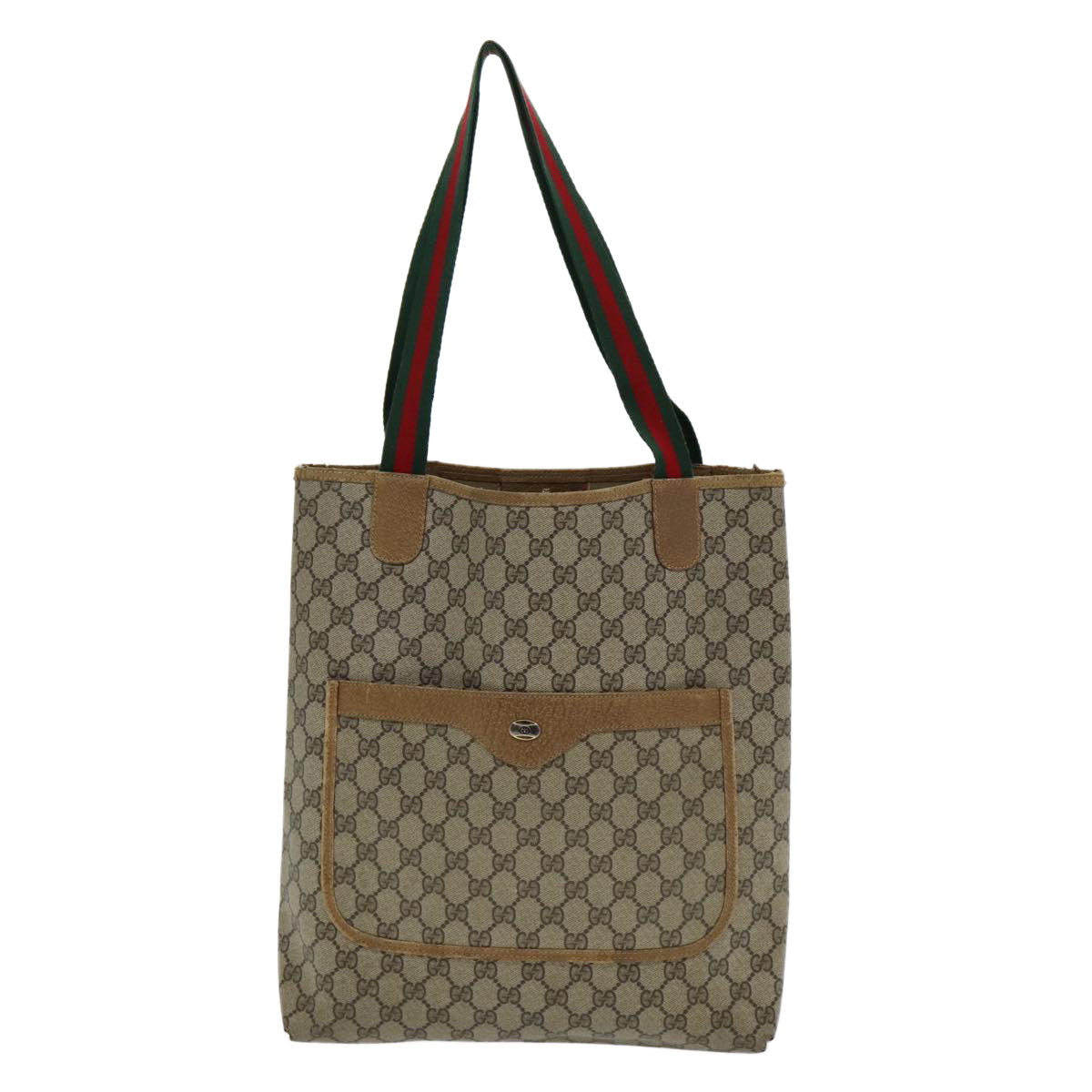 GUCCI GG Canvas Web Sherry Line Tote Bag PVC Beige Green Red Auth 85989