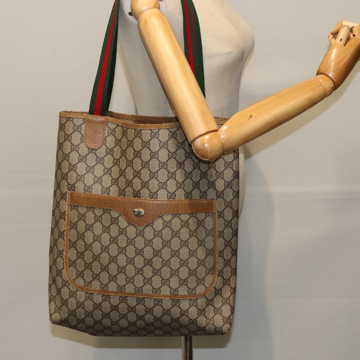 GUCCI GG Canvas Web Sherry Line Tote Bag PVC Beige Green Red Auth 85989