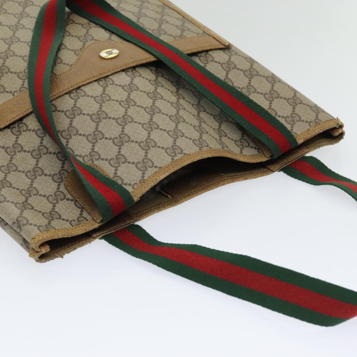 GUCCI GG Canvas Web Sherry Line Tote Bag PVC Beige Green Red Auth 85989