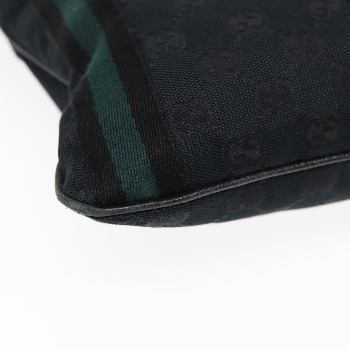 GUCCI GG Canvas Sherry Line Shoulder Bag Black Gold Green 144388 Auth 85991