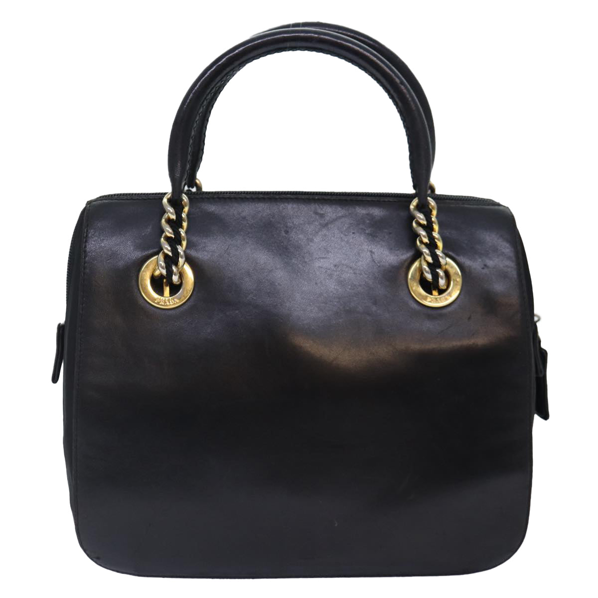 PRADA Hand Bag Leather Black Gold Auth 86015 - 0