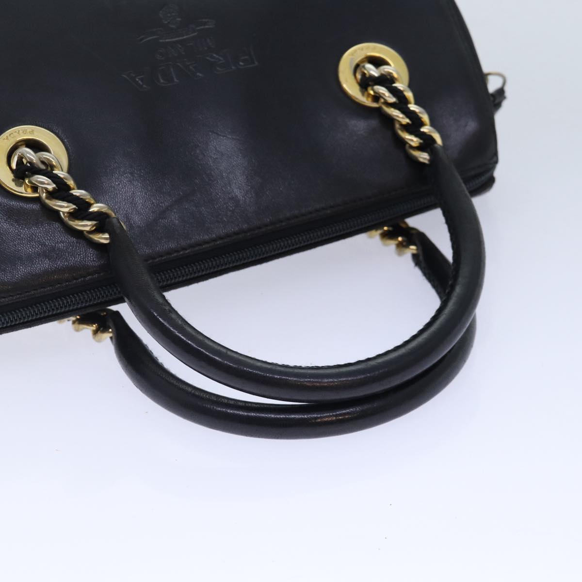 PRADA Hand Bag Leather Black Gold Auth 86015